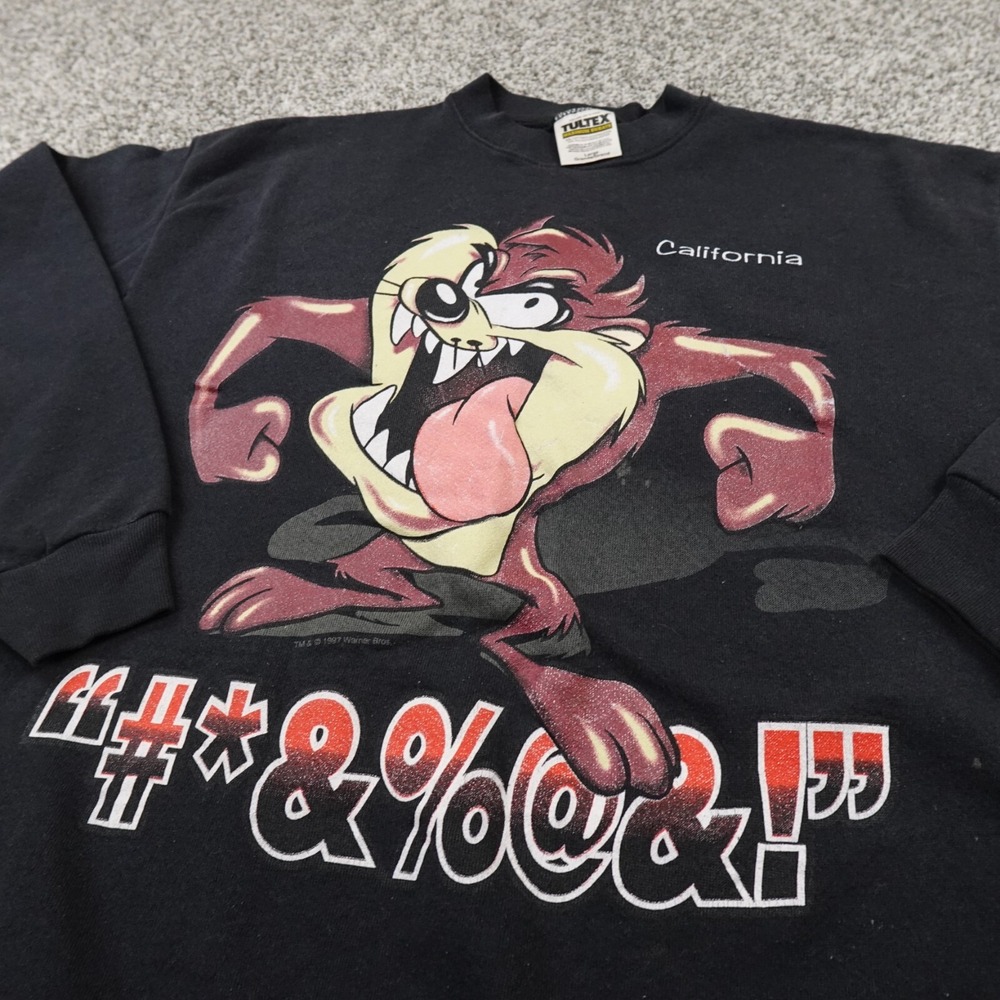 VTG Looney Tunes Sweater Mens L Black Taz Warner Bros Crewneck Sweatshirt 90s
